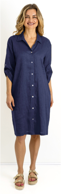Slick - Meryl linen button dress w roll sleeve - Navy, Size.: 1