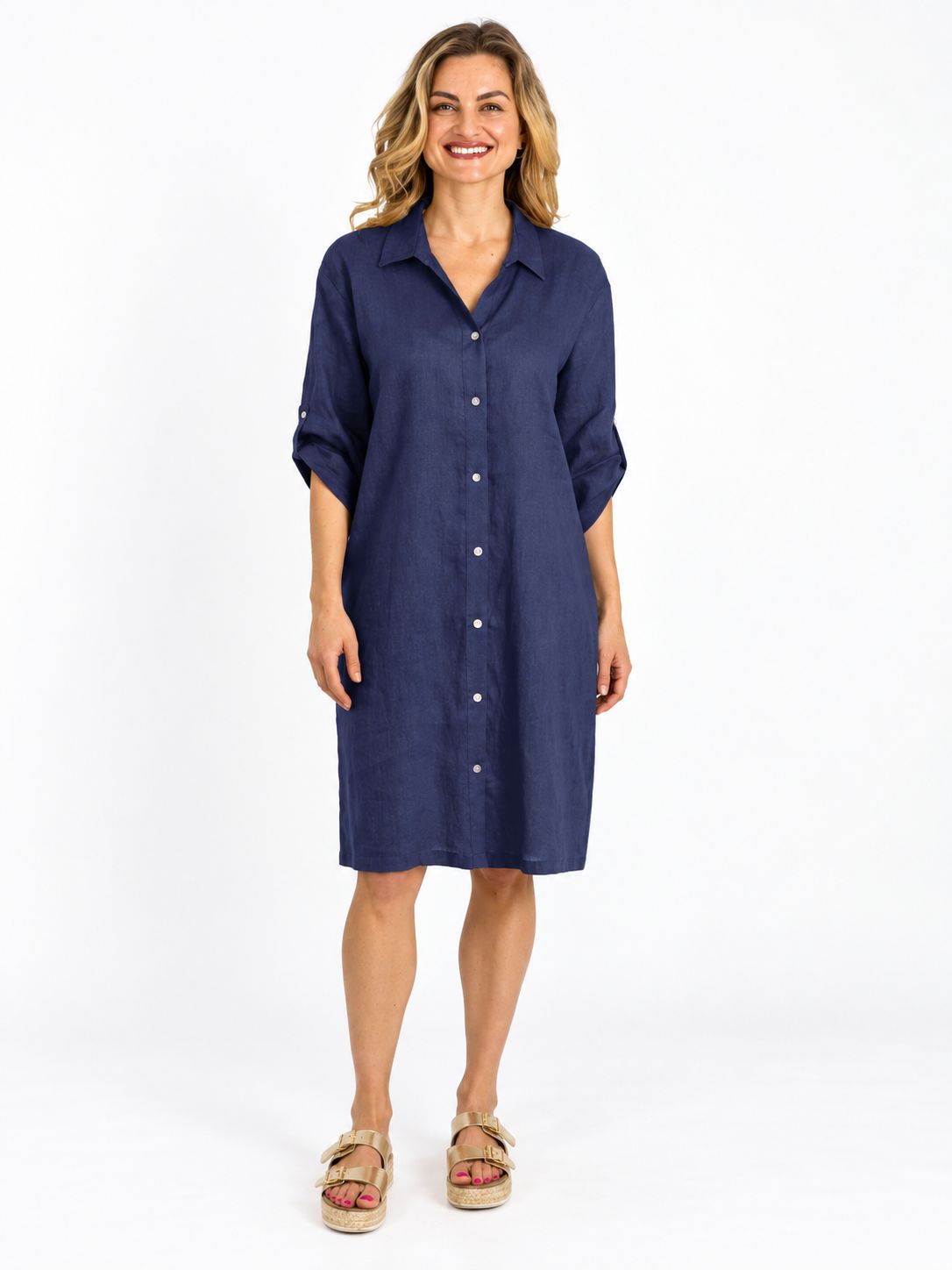 Slick - Meryl linen button dress w roll sleeve - Navy, Size.: 1
