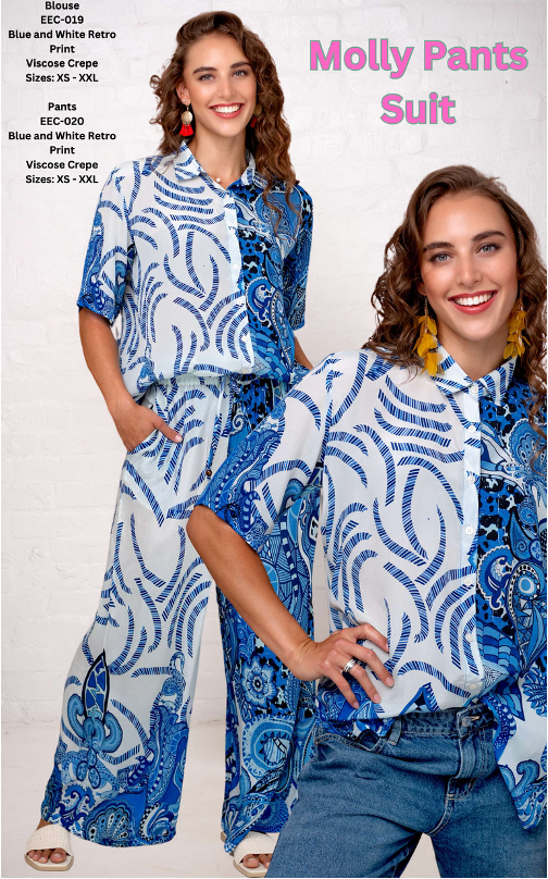 Iconic - Molly Short Sleeve - Blue and White Retro Print, Size.: XS