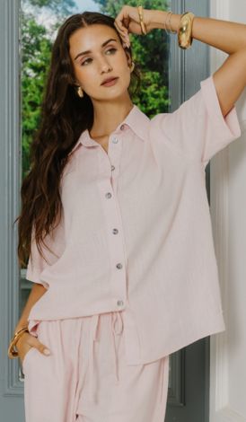 Gia - Linen Slub Button Down S/Sleeve Shirt - Pink, Colour: Pink, Size.: XS