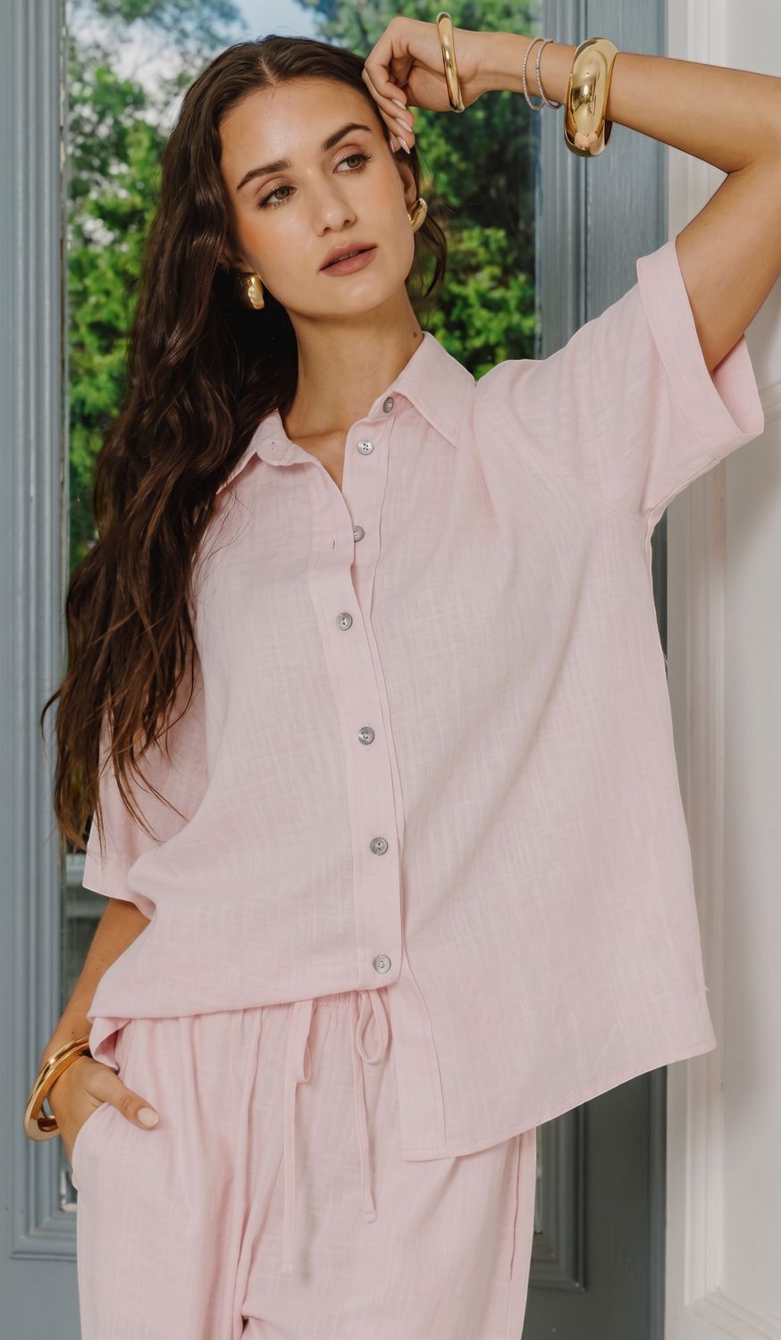 Gia - Linen Slub Button Down S/Sleeve Shirt - Pink, Colour: Pink, Size.: XS