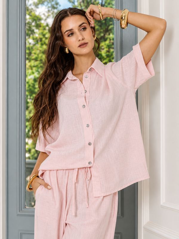 Gia - Linen Slub Button Down S/Sleeve Shirt - Pink