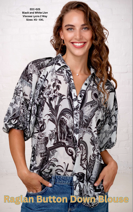 Iconic - Raglan Button Down Blouse - Black and White Lion, Size.: XS