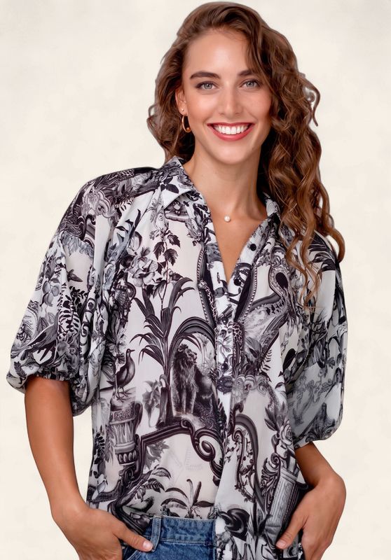 Iconic - Raglan Button Down Blouse - Black and White Lion