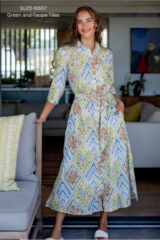 Iconic - Betty Button Dress - Green &amp; Taupe