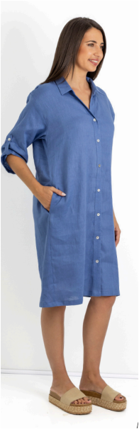 Slick - Meryl linen button dress w roll sleeve - Indigo