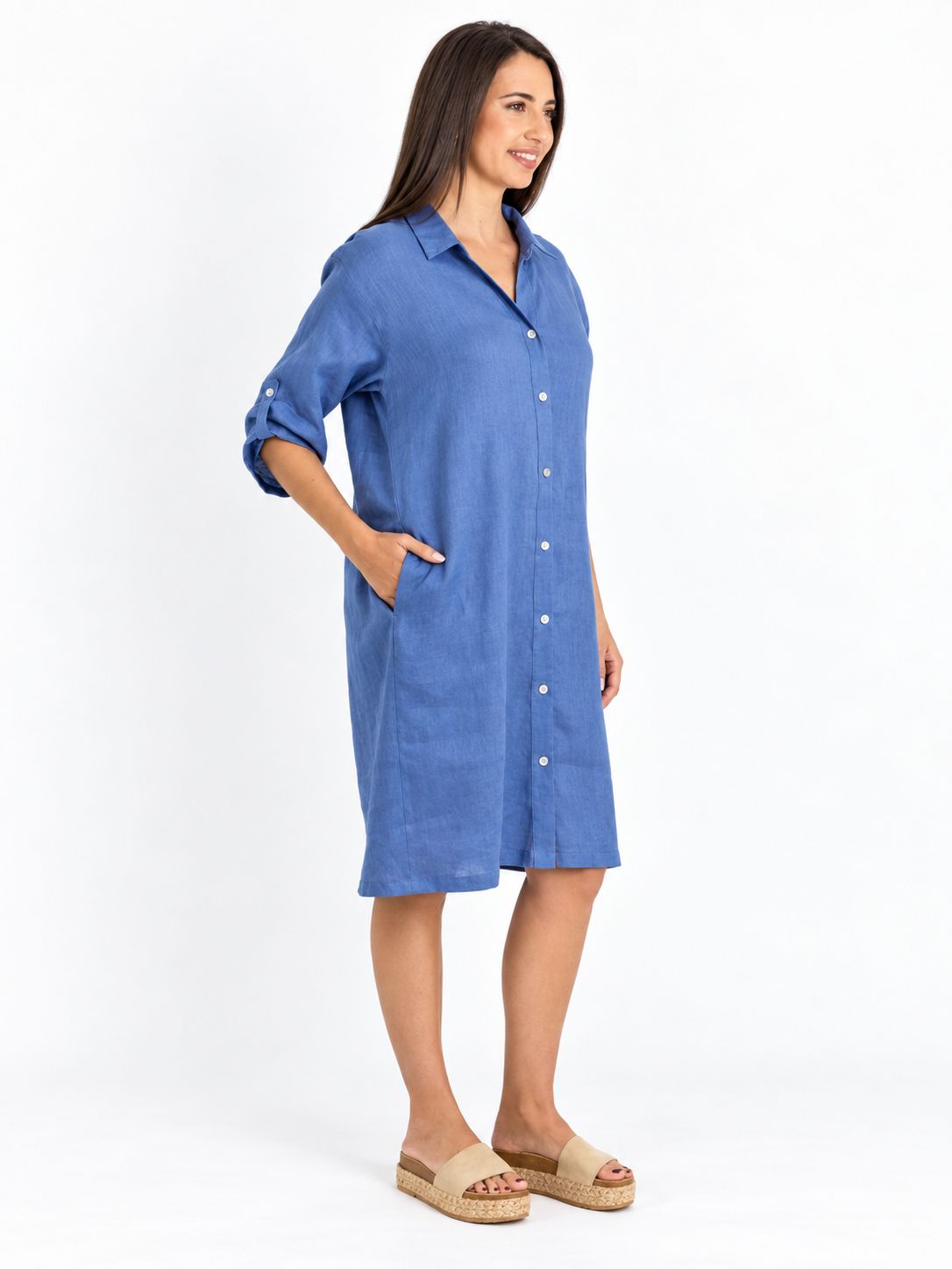 Slick - Meryl linen button dress w roll sleeve - Indigo, Size.: 1