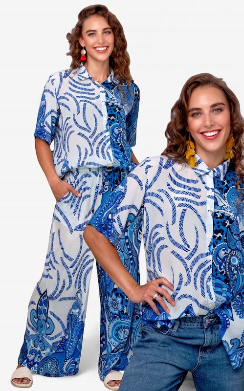 Iconic - Molly Long Pants- Blue and White Retro Print