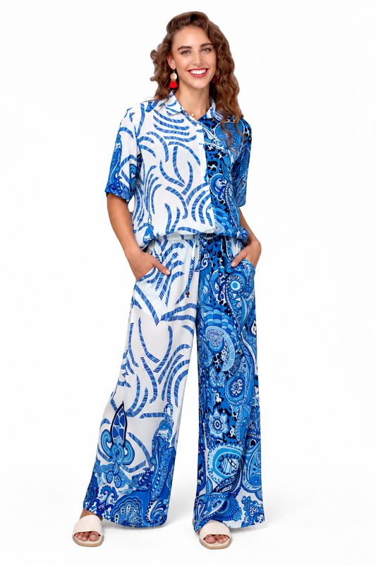 Iconic - Molly Long Pants- Blue and White Retro Print