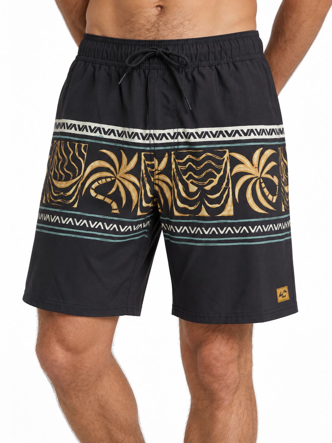 RVCA - Volley - Fronds Divide Elastic Shorts - Black with golden palm print, Sizes: Small
