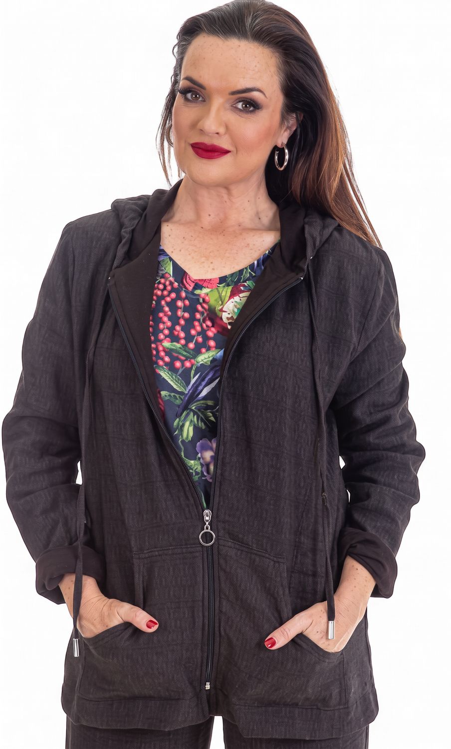 Calypso- Zip Thru Jacket Lined - Linen Blend Plain- Anthracite, Size.: 30