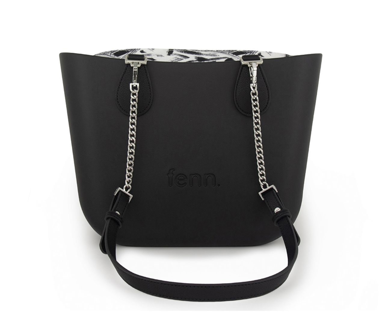 Fenn - Petite - Black - Pattern Inner - Silver Zip - Black/ Silver Chain Handle