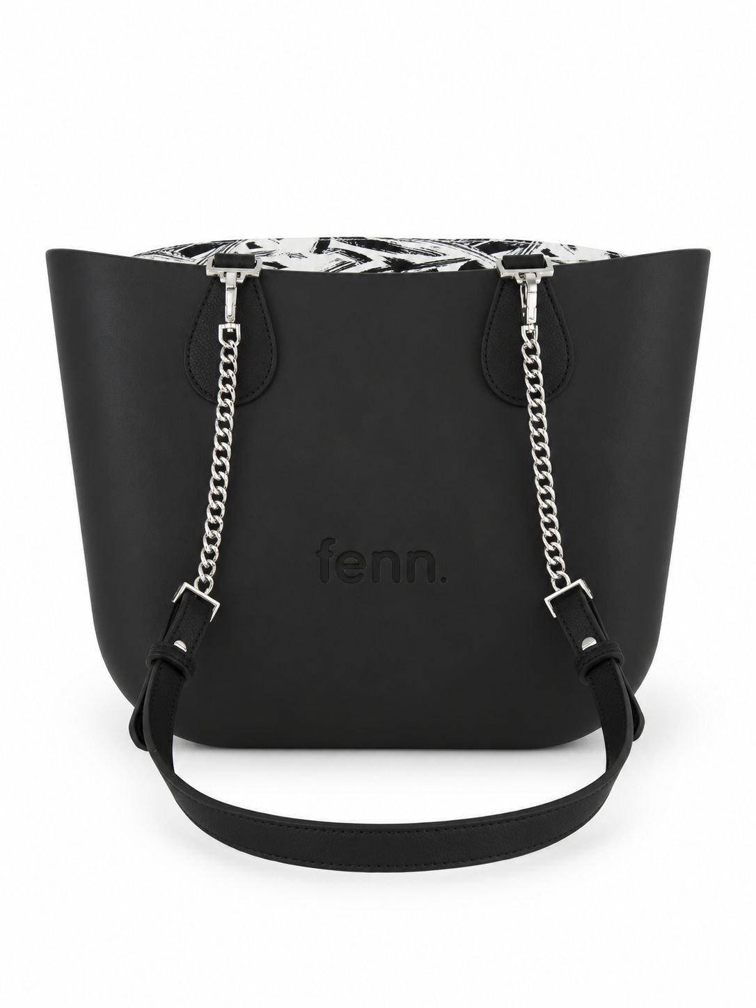 Fenn - Petite - Black - Pattern Inner - Silver Zip - Black/ Silver Chain Handle