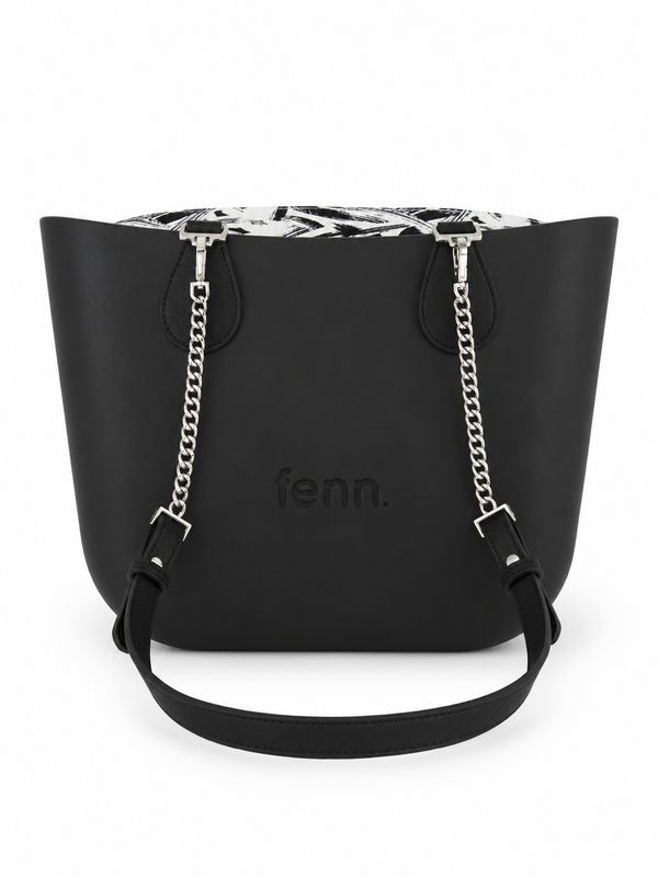 Fenn - Petite - Black - Pattern Inner - Silver Zip - Black/ Silver Chain Handle