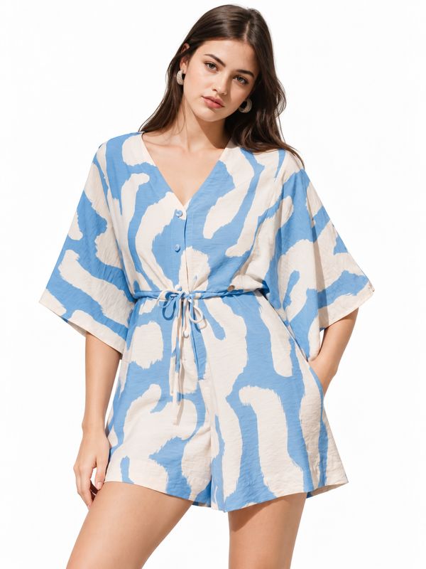 Gia - V - Neck Shortall - Blue &amp; Cream