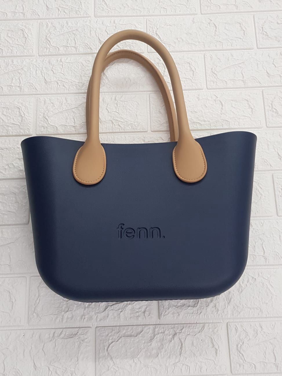 Fenn Collection- Petite Navy Bag -Beige Inner-Tan Handles, Handles: Tan /Microfiber Round, Inner Colour: Beige /Gold Zipper