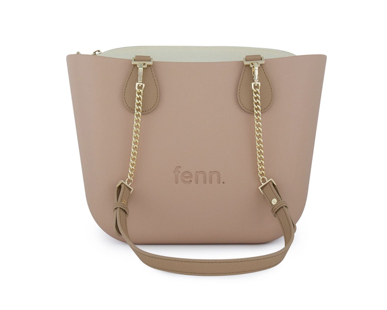 Fenn - Petite – Mocha – Beige Inner – Gold Zip – Light Tan/ Gold Chain Handle