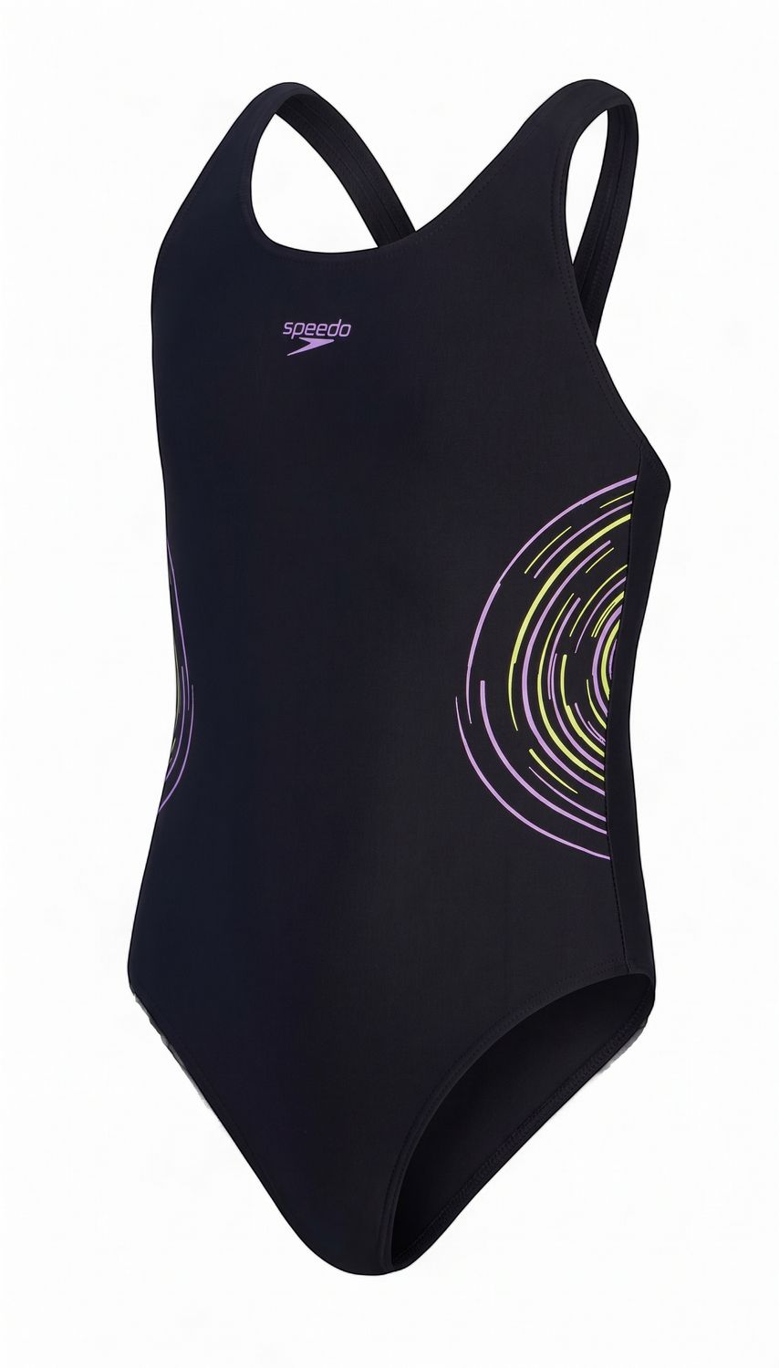 Speedo Girls Placement Muscleback Swimsuit, Colour: Black/Purple, Sizes: 5-6years