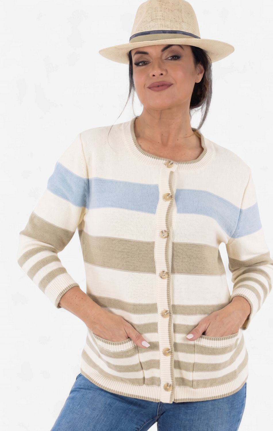 Calypso - Stripe Button Through Cardi - Cool Stripe, Size.: Small