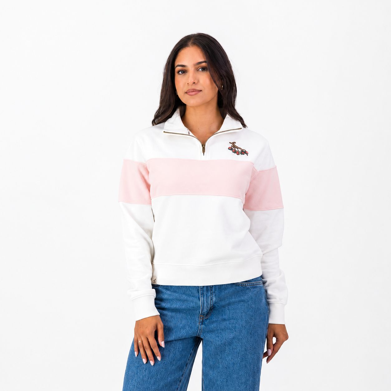 Old School *Springboks Classic Hoop Quarter Zip Crop Sweat-Rose Quartz, Sizes: X-Small