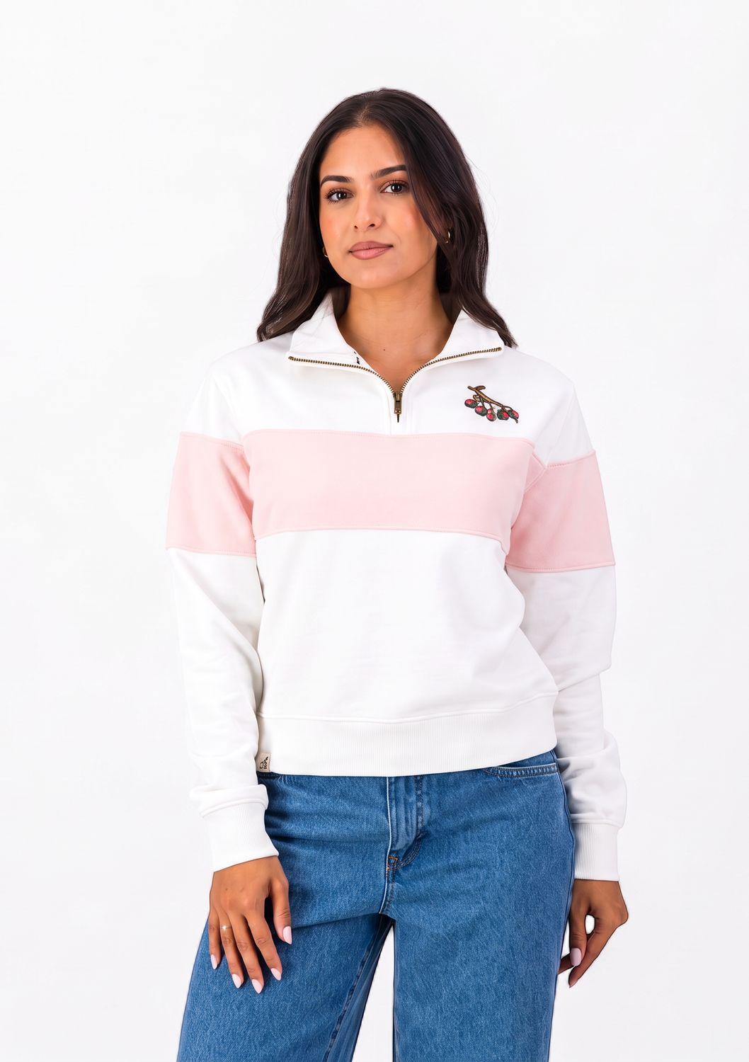 Old School *Springboks Classic Hoop Quarter Zip Crop Sweat-Rose Quartz, Sizes: X-Small