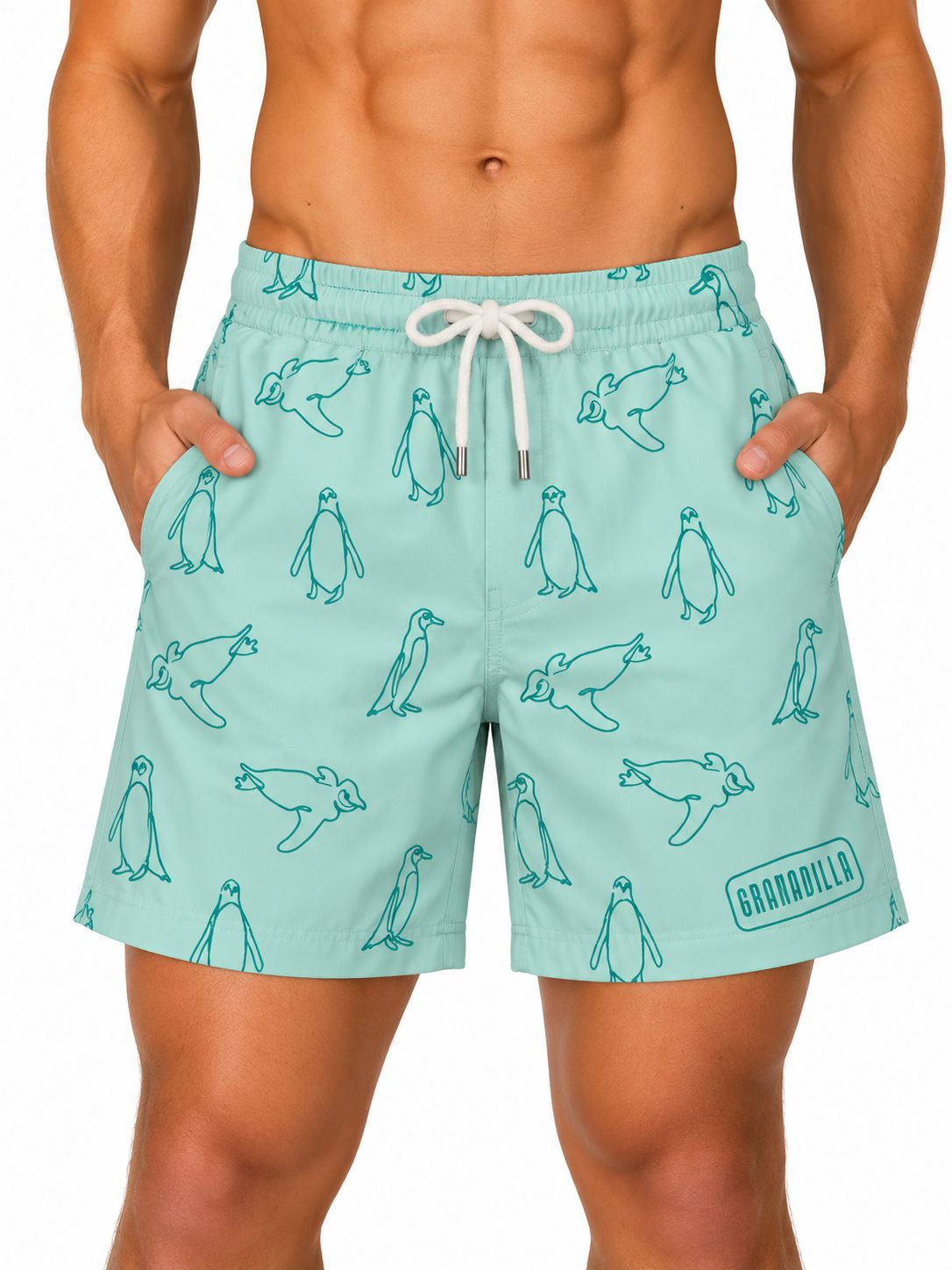 Granadilla - Mid-Length Swim Shorts | Penguins Embroidery / Mint, Sizes: Small
