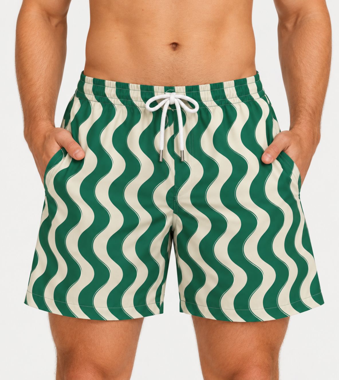 Granadilla - Mid-Length Swim Shorts | Waavy Stripe / Green, Sizes: Small