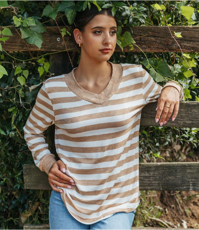 Willow - Notties "V" Neck - Beige Stripe -5058, Size.: S