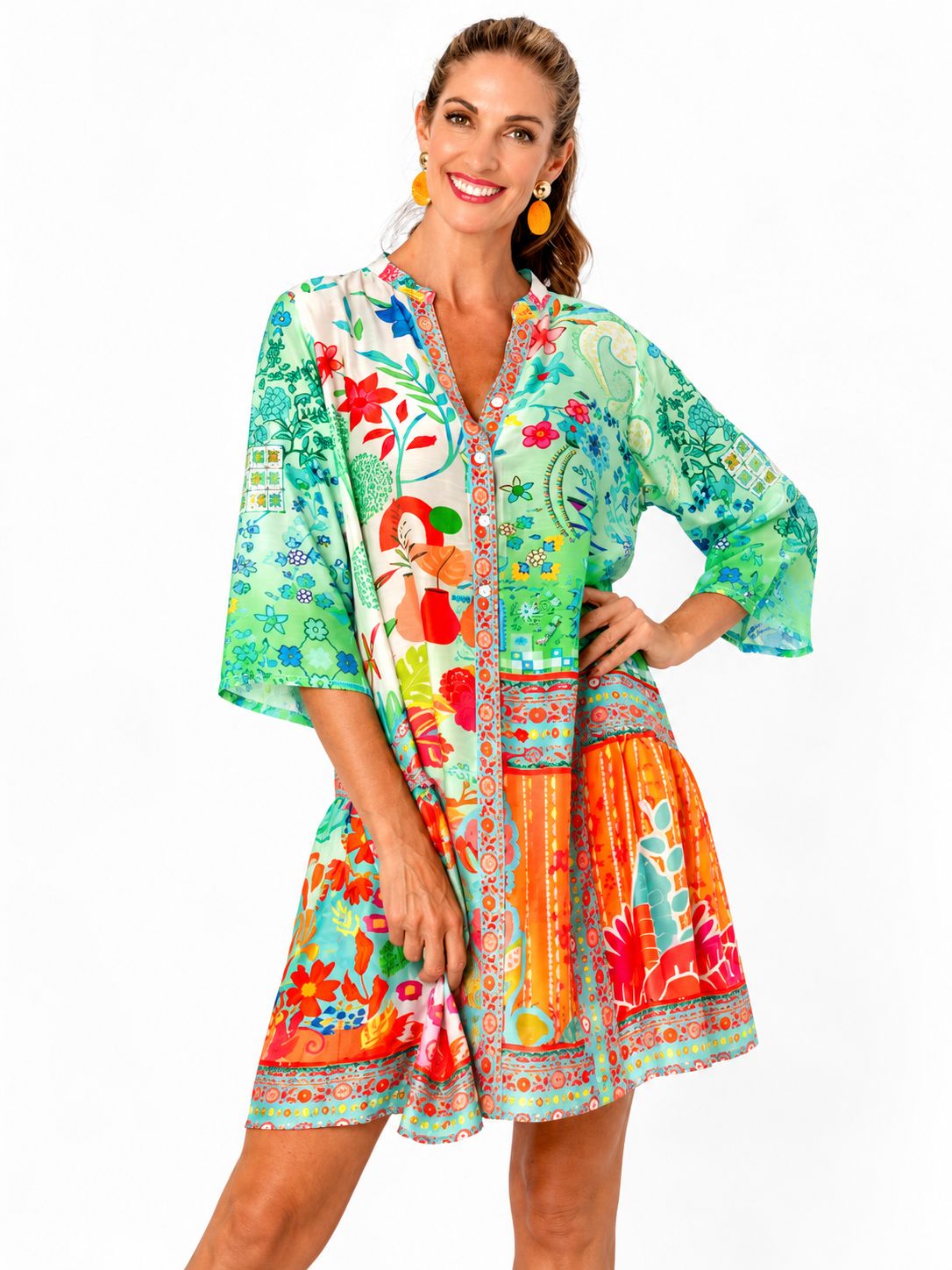 Iconic -Amalfi Dress - Green and Coral Bouguet - Sum-35-7, Size.: X-Small