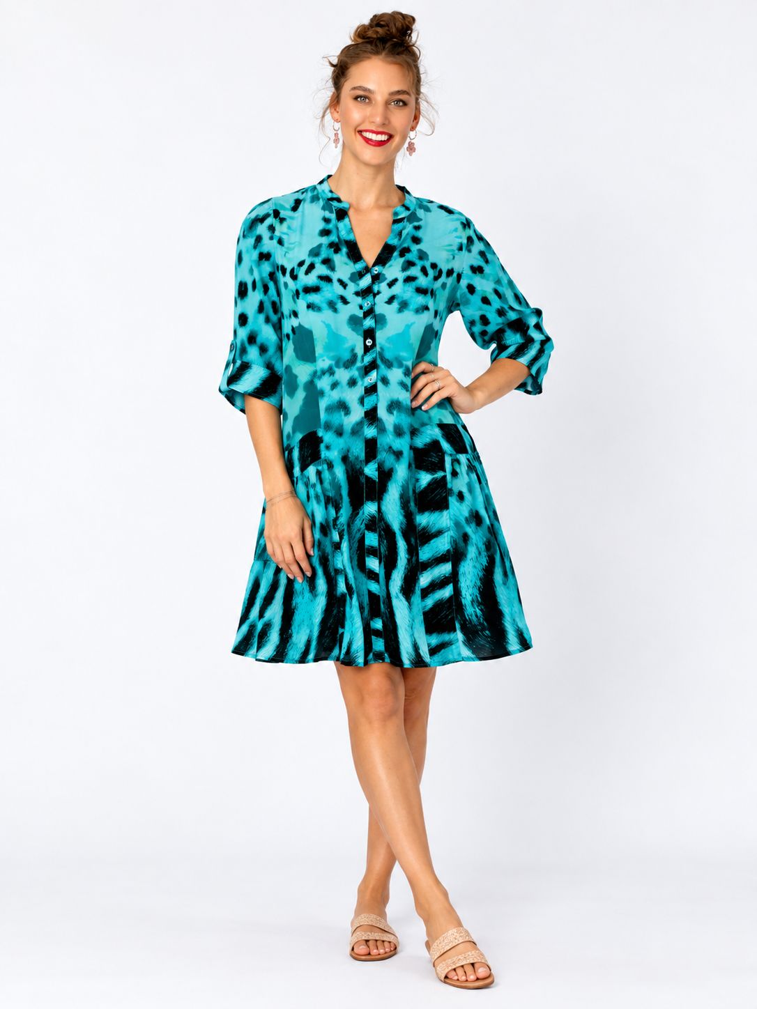 Iconic -Amalfi Dress - Turquoise Animal - Sum - 35, Size.: X-Small