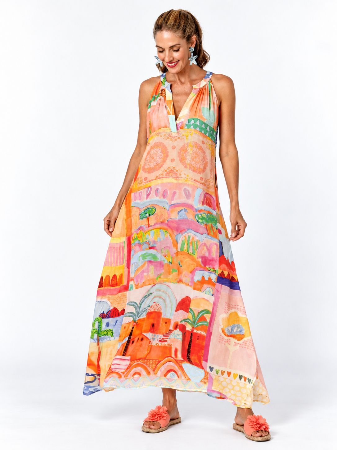 Iconic -Sunshine Bliss Dress - Peach Palms, Size.: X-Small