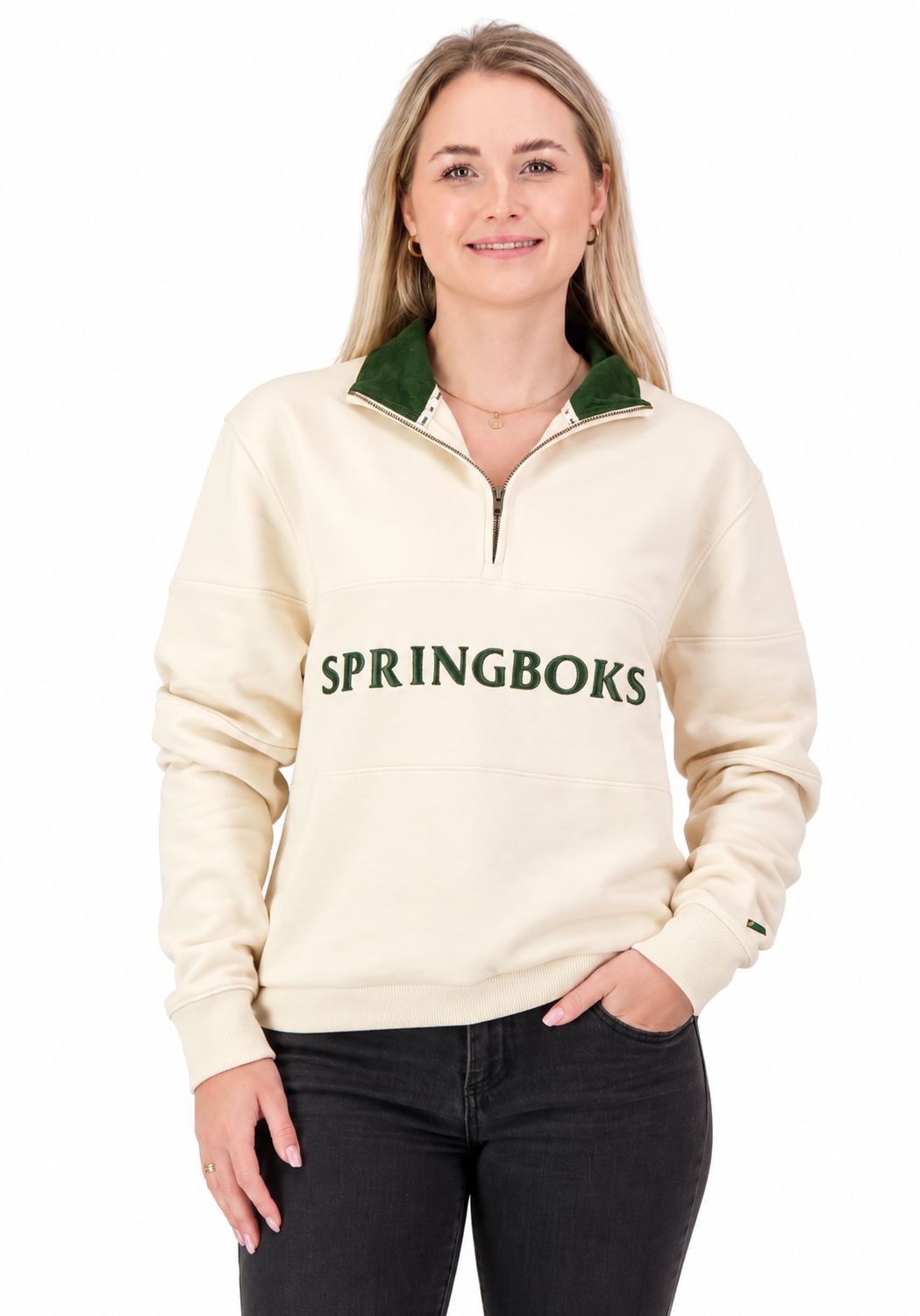 Old School *Springboks Word Quarter Zip Sweat-Ivory, Sizes: XSmall
