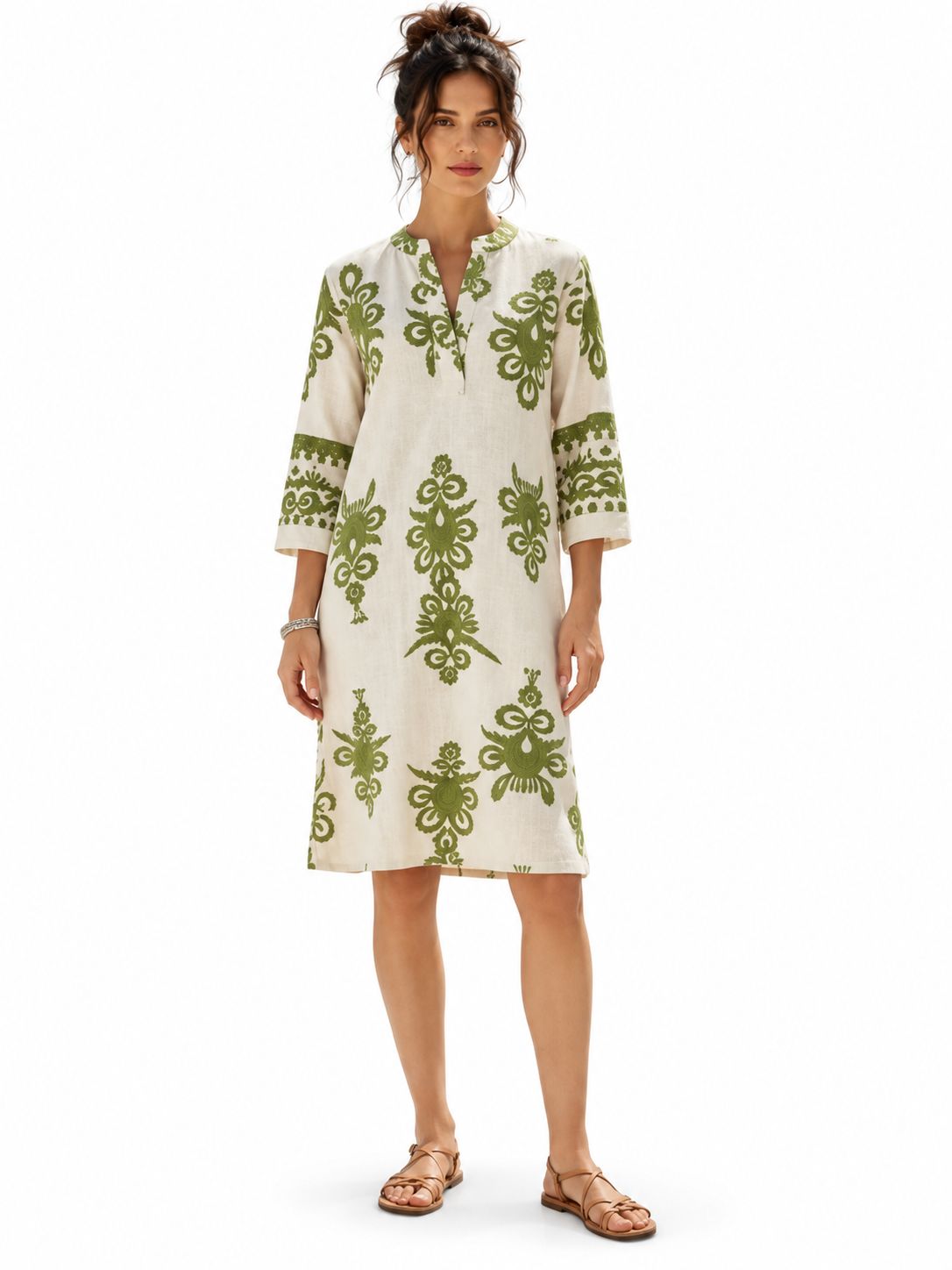 Jo Silva -Manderin Knee Length Dress - Green Cream Print -262094, Size.: S