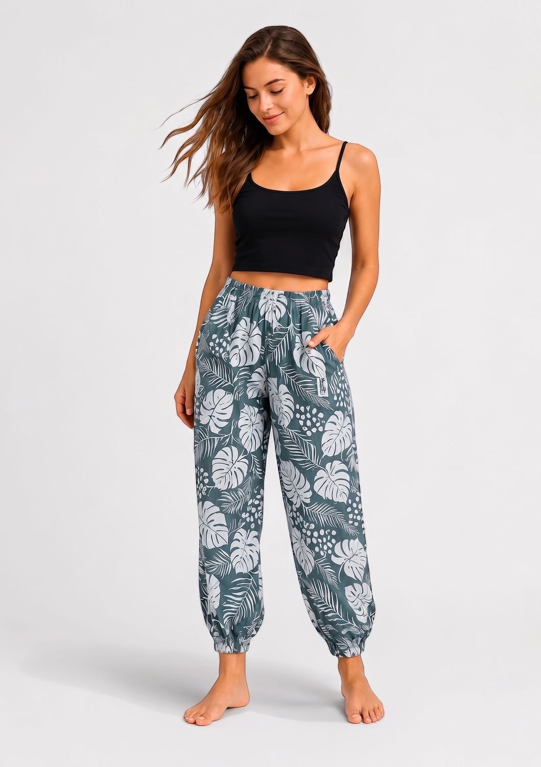 Indoblu - LP7 - Relaxed Pants - Floral - Teal, Sizes: Regular S-L