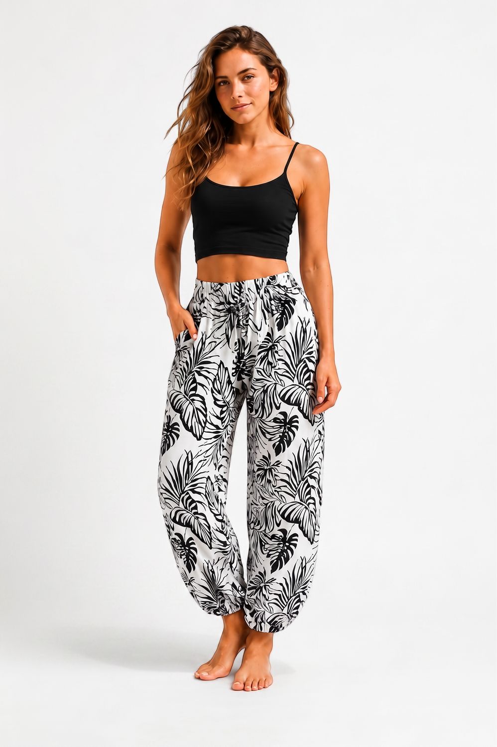 Indoblu - LP7 - Relaxed Pants - Palm - Black/White, Sizes: Regular S-L
