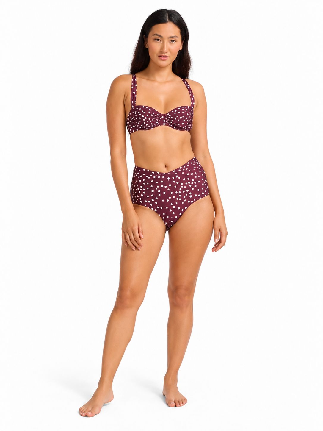 Seafolly - Ruched Band High Waist Pant - Burgundy Polka Dot, Size.: 32