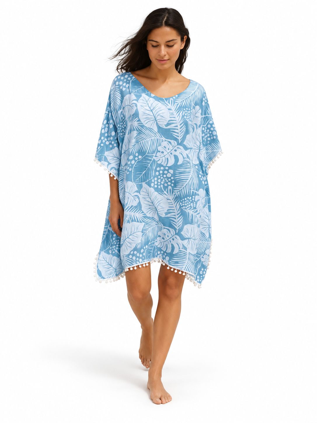 Indoblu - Tropical Leaf Kaftan - Sky Blue