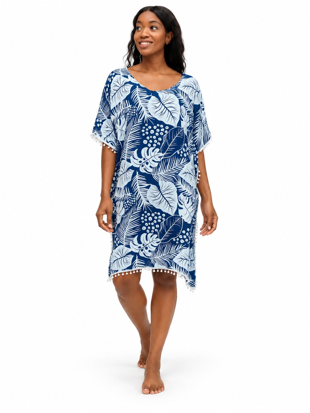 Indoblu - Tropical Leaf Kaftan - Navy