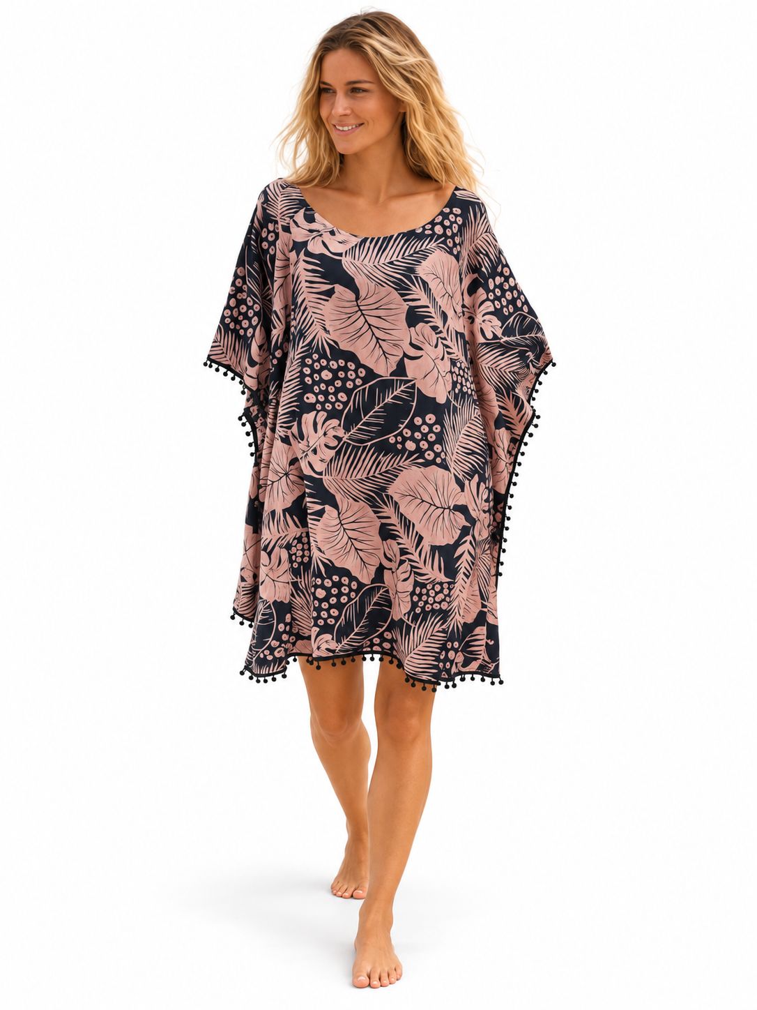 Indoblu - Tropical Leaf Kaftan - Black/Brown