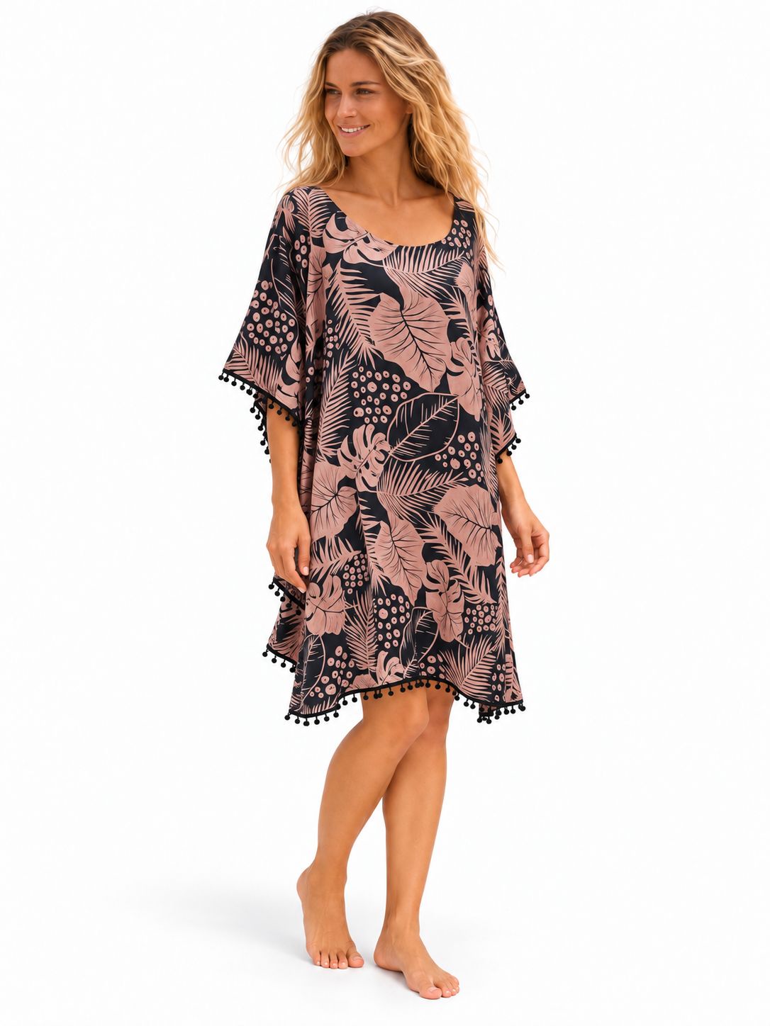Indoblu - Tropical Leaf Kaftan - Black/Brown
