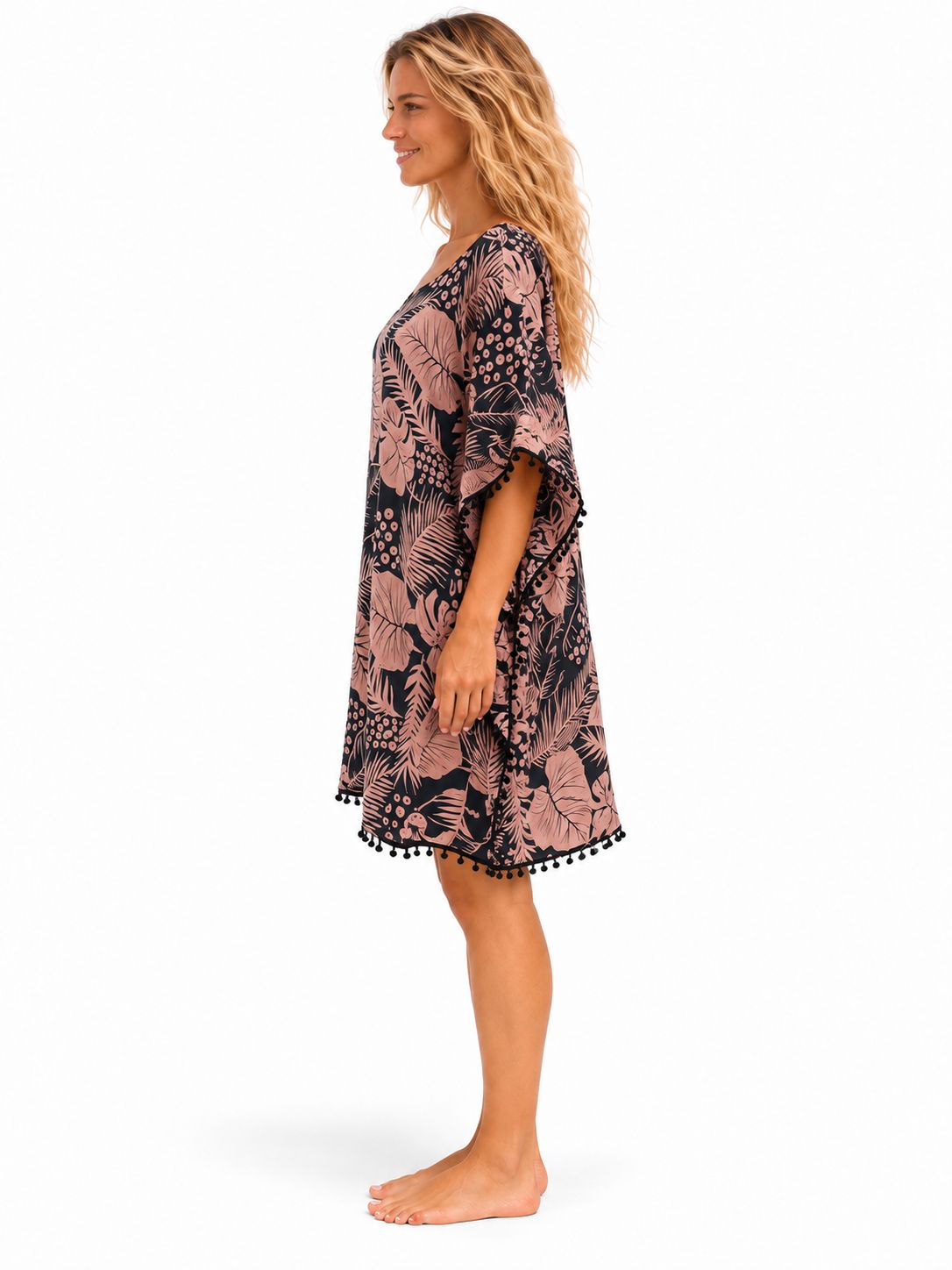 Indoblu - Tropical Leaf Kaftan - Black/Brown