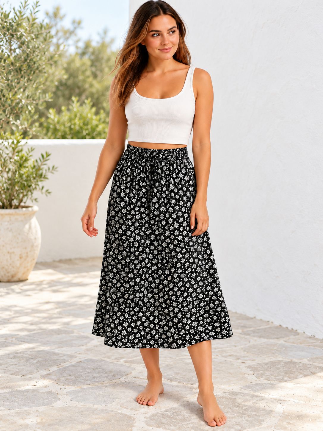 Indoblu - LLS - Ladies Flowy Skirt - Flowers - Black