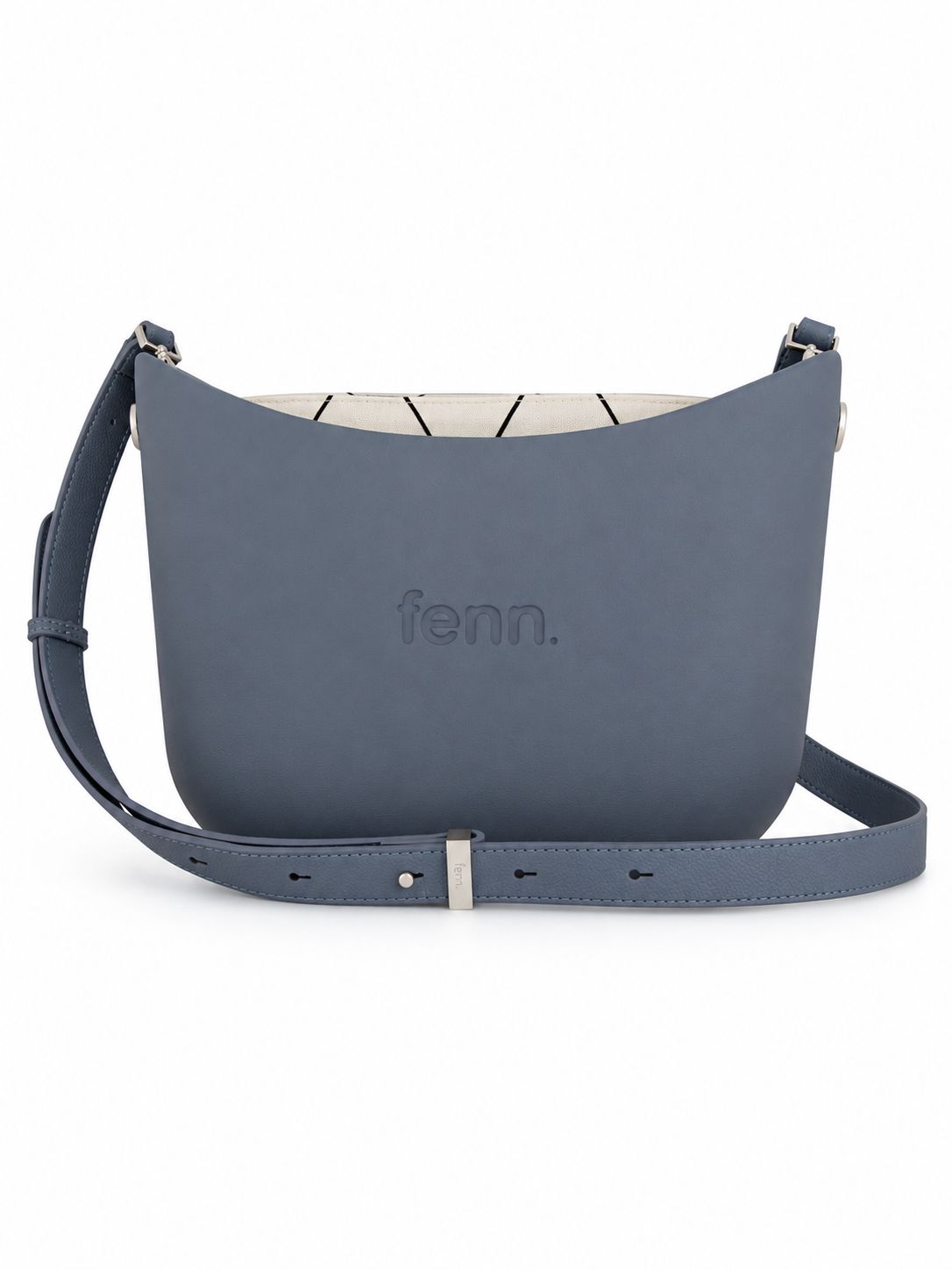 Fenn Messenger Bag-Denim-Pattern Inner-Silver Zip-Adjustable Faux Leather Strap
