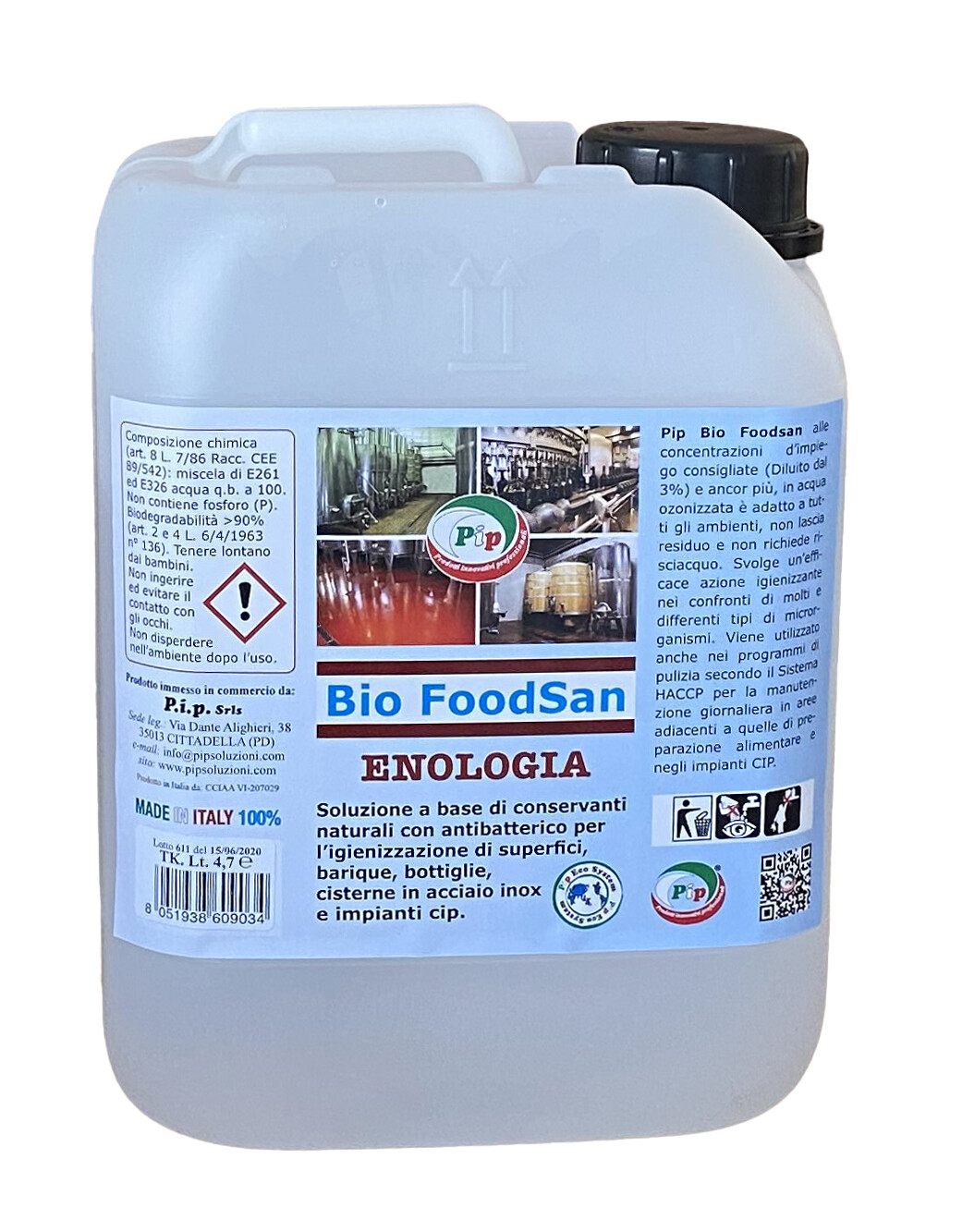 Igienizzante con Antibatterico Pip Bio FoodSan Enologia TK. KG. 4,7 = LT. 4,7 Pari a 145 Litri