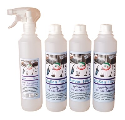 Detergente Igienizzante con Antibatterico Pip BioSan Filters 3FL. LT0,5 + Vapo Pari a 50 Litri P.Uso