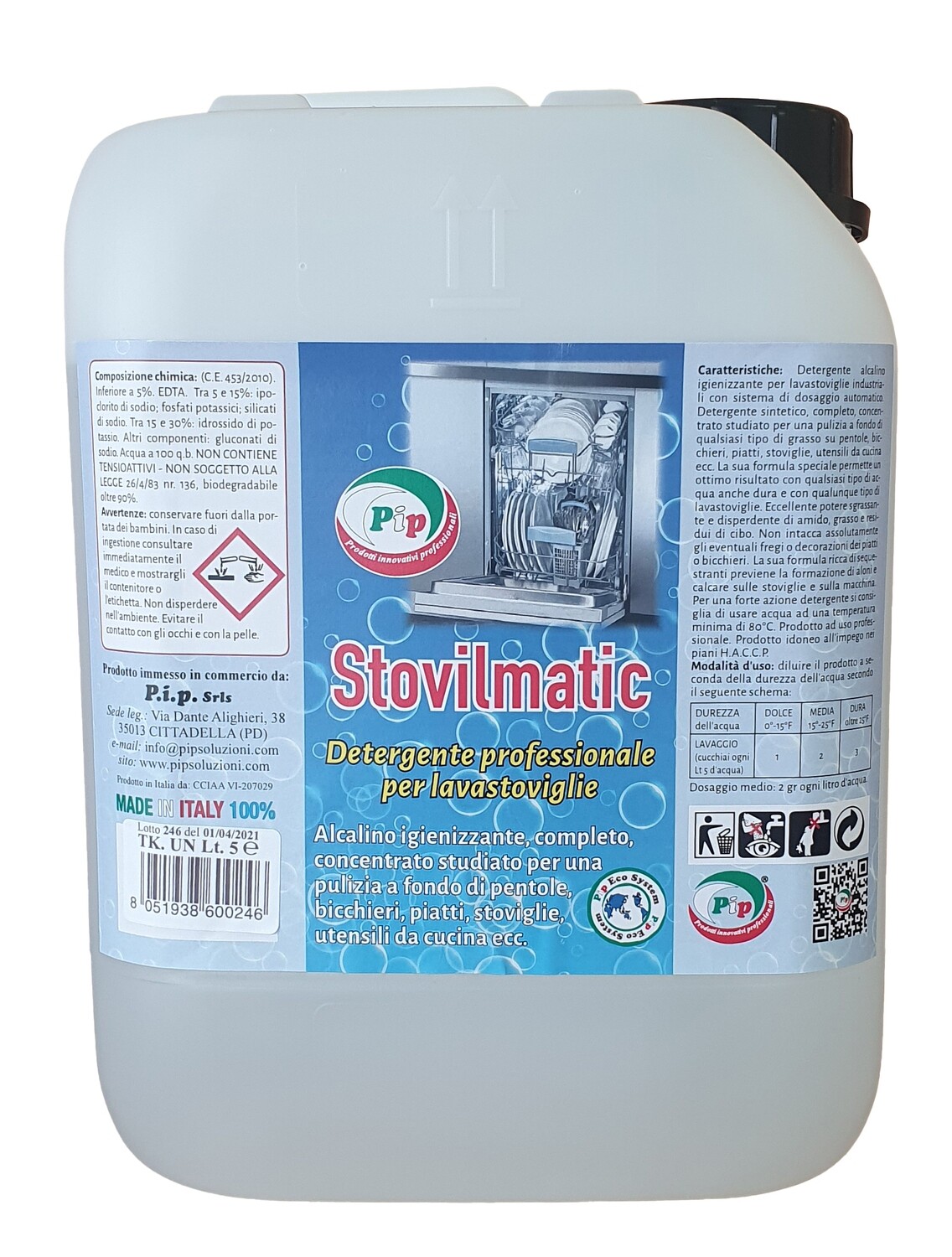 Detergente Professionale per Lavastoviglie Senza Cloro Pip Stovilmatic TK UN LT. 5