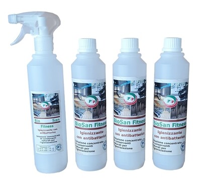 Detergente Igienizzante con Antibatterico Pip BioSan  Fitness 3-FL. LT.0,5 + Vapo pari a 50 Litri P.Uso