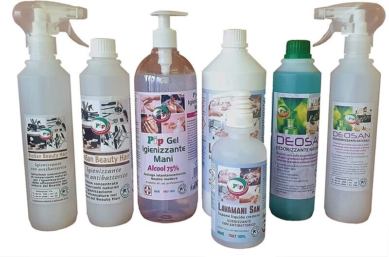 Pip Kit Beauty Hair Mini, 4 FL. Assortiti: Pip Lavamani San LT.1 , Gel Igienizzante Mani Disp. LT.1 , Deosan FL. LT.0,5 + Vapo + BioSan Beauty Hair FL. LT. 0,5 + Vapo