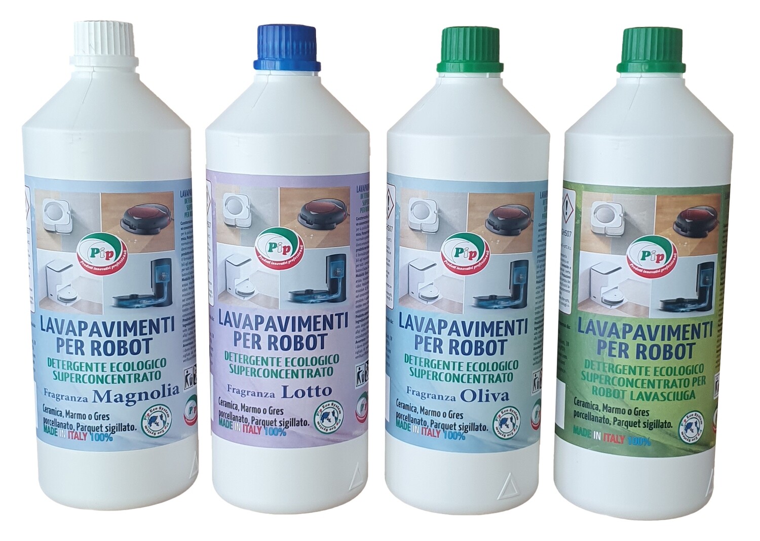 Detergente Lavapavimenti per Robot, PIP Conf. da 4 FL. LT.1, Soluzioni innovative concentrate con Igienizzante, non richiedono risciacquo, compatibili per tutti i tipi di Robot