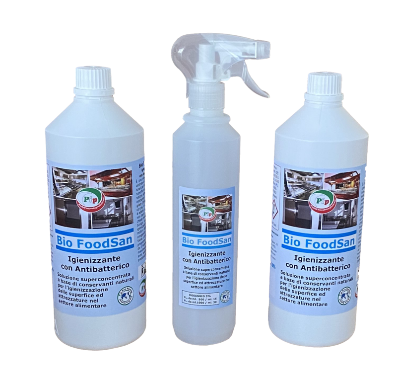 Igienizzante con Antibatterico Pip Bio Foodsan Alimentari 2 FL. LT.1 + vapo pari a 64 Litri P.Uso